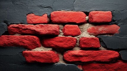 Weathered red bricks emerge from behind a textured layer of cracked black cement