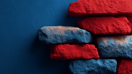 Vibrant red and blue textured stones are stacked horizontally against a deep blue masonry wall