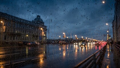 Obraz premium City street view through window with raindrops at night