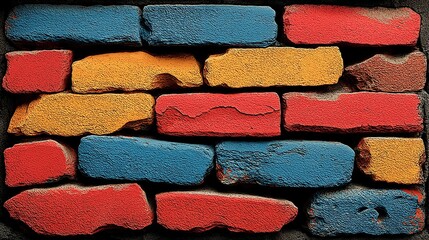 Textured masonry wall featuring irregularly shaped bricks painted in bright red yellow and blue hues