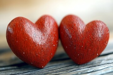 Two Charming Wooden Hearts with a Rustic Texture on a Natural Wooden Surface