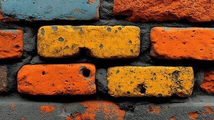 Weathered masonry wall features vibrant yellow orange and blue bricks set in dark mortar