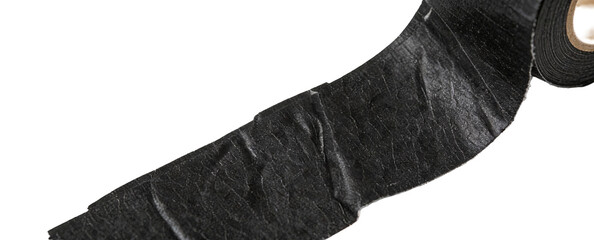 Close-up of a roll of black adhesive tape with partially unrolled section, showing texture and application surface. Suitable for repairs, sealing, and fixing tasks. Made of durable black material.