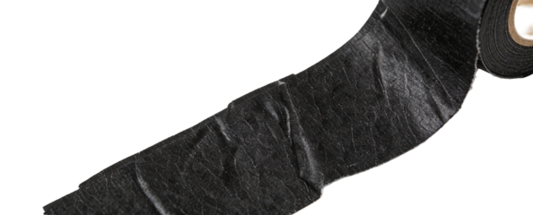 Close-up of a roll of black adhesive tape with partially unrolled section, showing texture and application surface. Suitable for repairs, sealing, and fixing tasks. Made of durable black material.