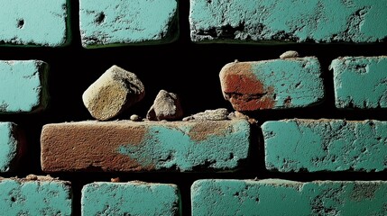 Teal brick wall features weathered textures and rubble within a missing brick space