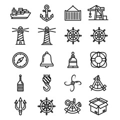 A collection of nautical and maritime icons in a clean, minimalist line art style, perfect for illustrating concepts related to shipping, navigation, and the sea.