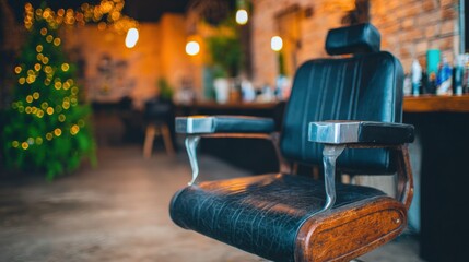 Chair in barber shop with lights and plants seen in the background