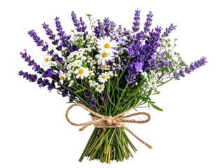 A vibrant bouquet, tightly bound, featuring lavender and white daisies