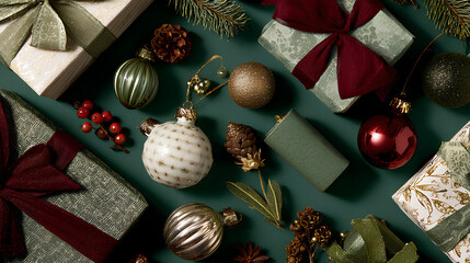 Festive themed image showcasing a flat lay arrangement of Christmas gifts and ornaments placed against a green surface creating a holiday mood
