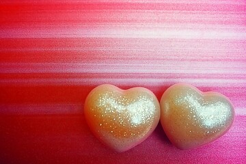 Shiny Heart-Shaped Decorations on a Soft Pink and Red Background for Valentine's Day