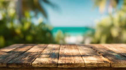 Bright wooden table in front of blurred tropical beach scenery under sunlight