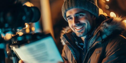 A cheerful person sitting down and concentrating on an article or document.
