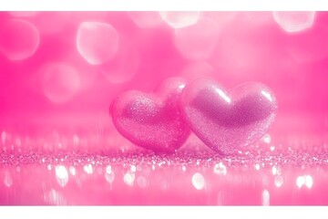 Shiny Pink Hearts on Glittery Surface with Soft Pink Bokeh Effect for Romantic Themes