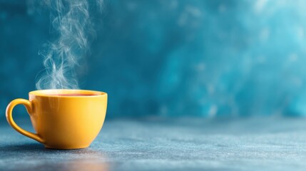 Hot drink in a yellow cup on a table with blue background