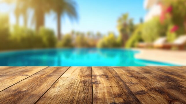 Wooden table in front of a swimming pool with palm trees in the background