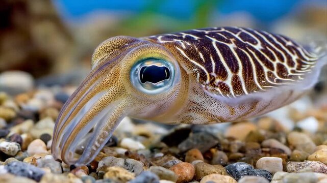 Close up of a cuttlefish displaying complex color patterns in water