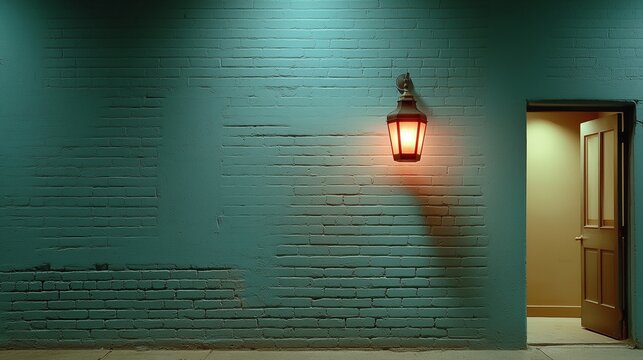 A lit vintage lantern hangs on a teal brick wall beside an open wooden door at night