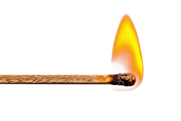 Close-up of a burning wooden matchstick with flame isolated on white background. Shows combustion, ignition, and match head burning process.