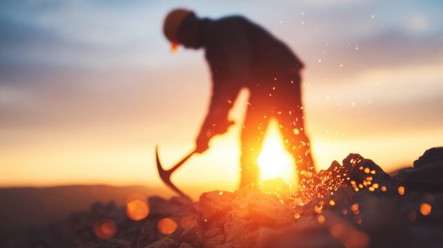 Worker uses pickaxe at sunset on a rocky terrain