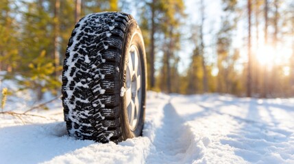 Winter tire on a snowy road in a forest during daylight hours