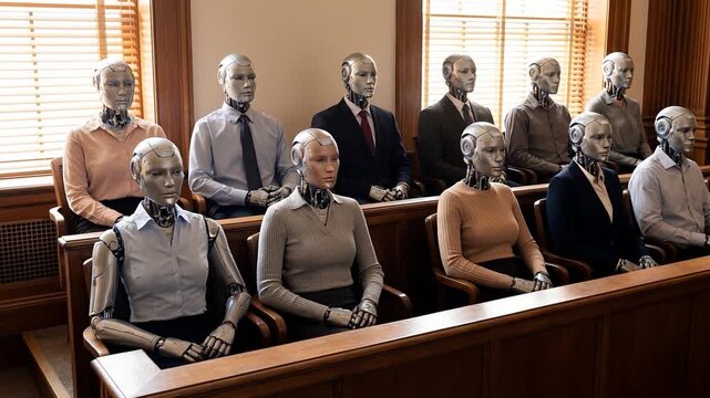 Two rows of sleek humanoid AI robots dressed in business suits sit solemnly as jurors in a traditional wooden courtroom jury box