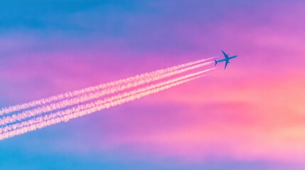 Sky filled with airplane trails during sunset in a colorful sky