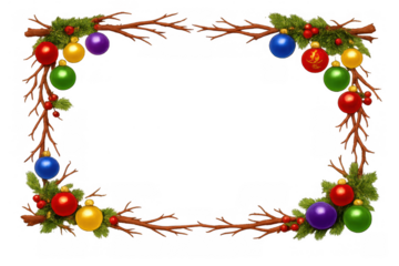 Christmas frame with festive baubles and natural branches, creating holiday border for seasonal celebrations with transparent background