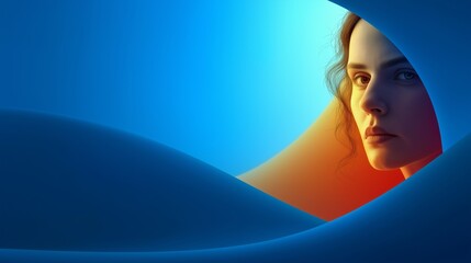 Portrait of a young woman looking out from behind smooth blue and orange abstract curves