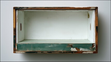 Empty weathered wooden box with distressed green paint and white interior hangs on a wall