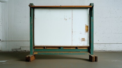 Large vintage industrial green wooden frame with blank white board in a studio space