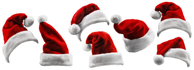 Collection of red Santa hats with white trim, ideal for Christmas and holiday celebrations. These festive caps are traditional symbols of Christmas. Perfect for holiday decor and seasonal fashion.