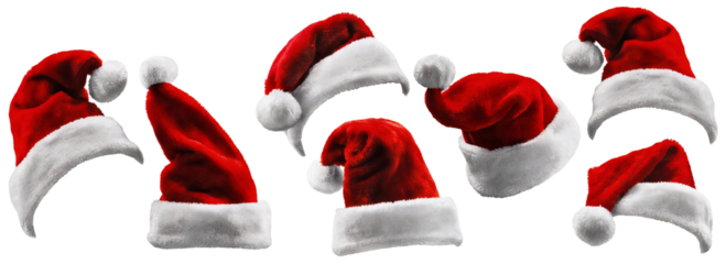 Collection of red Santa hats with white trim, ideal for Christmas and holiday celebrations. These festive caps are traditional symbols of Christmas. Perfect for holiday decor and seasonal fashion.