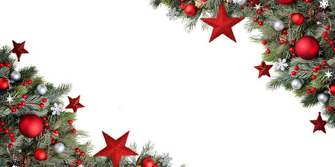 Decorative Christmas corner with green pine branches, red stars, and festive ornaments. Ideal for holiday greetings and seasonal celebration design elements.