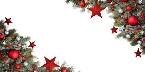 Decorative Christmas corner with green pine branches, red stars, and festive ornaments. Ideal for holiday greetings and seasonal celebration design elements.