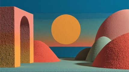 A surreal landscape features a large orange sun and a textured archway amidst colorful rounded hills