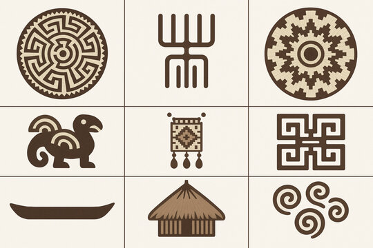 Panama Embera Wounaan culture vector icons with baskets jagua paint carvings beadwork canoe and rainforest hut