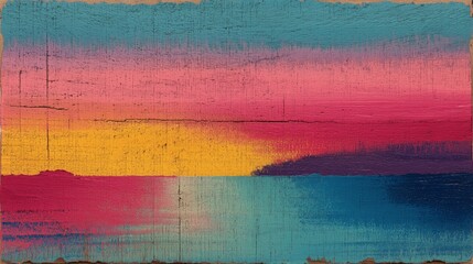 Vibrant abstract painting of a sunset over water on a rustic weathered wood surface