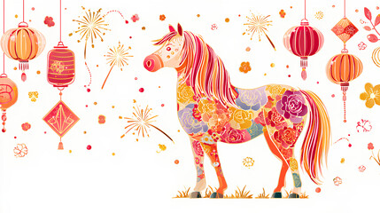 2026 Year of the Horse Happy New Year, cute vector illustrations of horse, fan, sparklers, Chinese lanterns and festive elements for greeting card, poster, background and flyer, stock vector