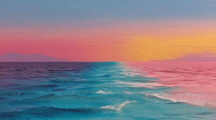 This abstract oil painting features vibrant ocean waves under a colorful sunset sky with textures