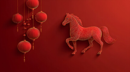 2026 Year of the Horse Chinese New Year, modern abstract illustration of horse with linear lanterns and Asian red gradient background for poster or greeting card, stock vector style