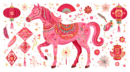 2026 Year of the Horse Happy New Year, cute vector illustrations of horse, fan, sparklers, Chinese lanterns and festive elements for greeting card, poster, background and flyer, stock vector