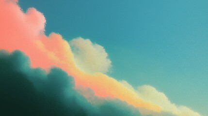 Textured pink and yellow clouds drift across a soft teal sky in a minimalist digital art style