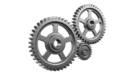 Three interlocking metal gears on a white background