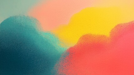Abstract composition of vibrant spray painted clouds in teal yellow and pink on a textured surface