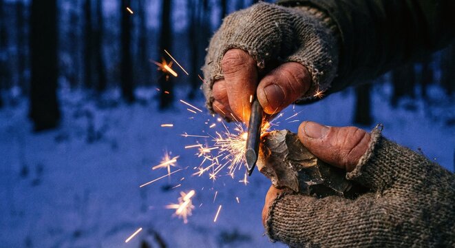 Winter solstice hands striking flint to create fire sparks in dark snowy forest