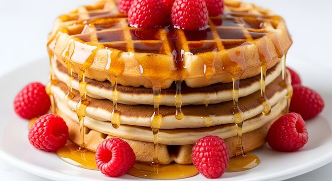 A decadent stack of golden waffles and pancakes, drizzled with amber syrup and adorned with vibrant