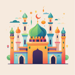 Colorful illustration of a mosque with minarets and a crescent moon symbol