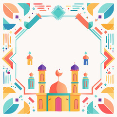Geometric mosque illustration with decorative frame for holiday greeting