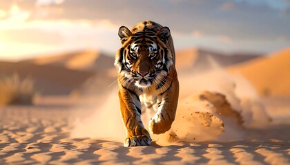 A majestic tiger sprints directly towards the viewer across a desert landscape, sand flying around it in motion