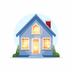 Cartoon house illustration blue residential building with chimney and light